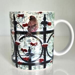 Vintage Lang Coffee Mug On The Fence Sparrow Berries Winter Scene Bird Lover